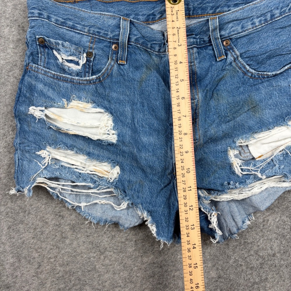 Levis 501 Shorts Women 32 Blue Distressed Cut Off Denim Button Fly - Picture 13 of 16